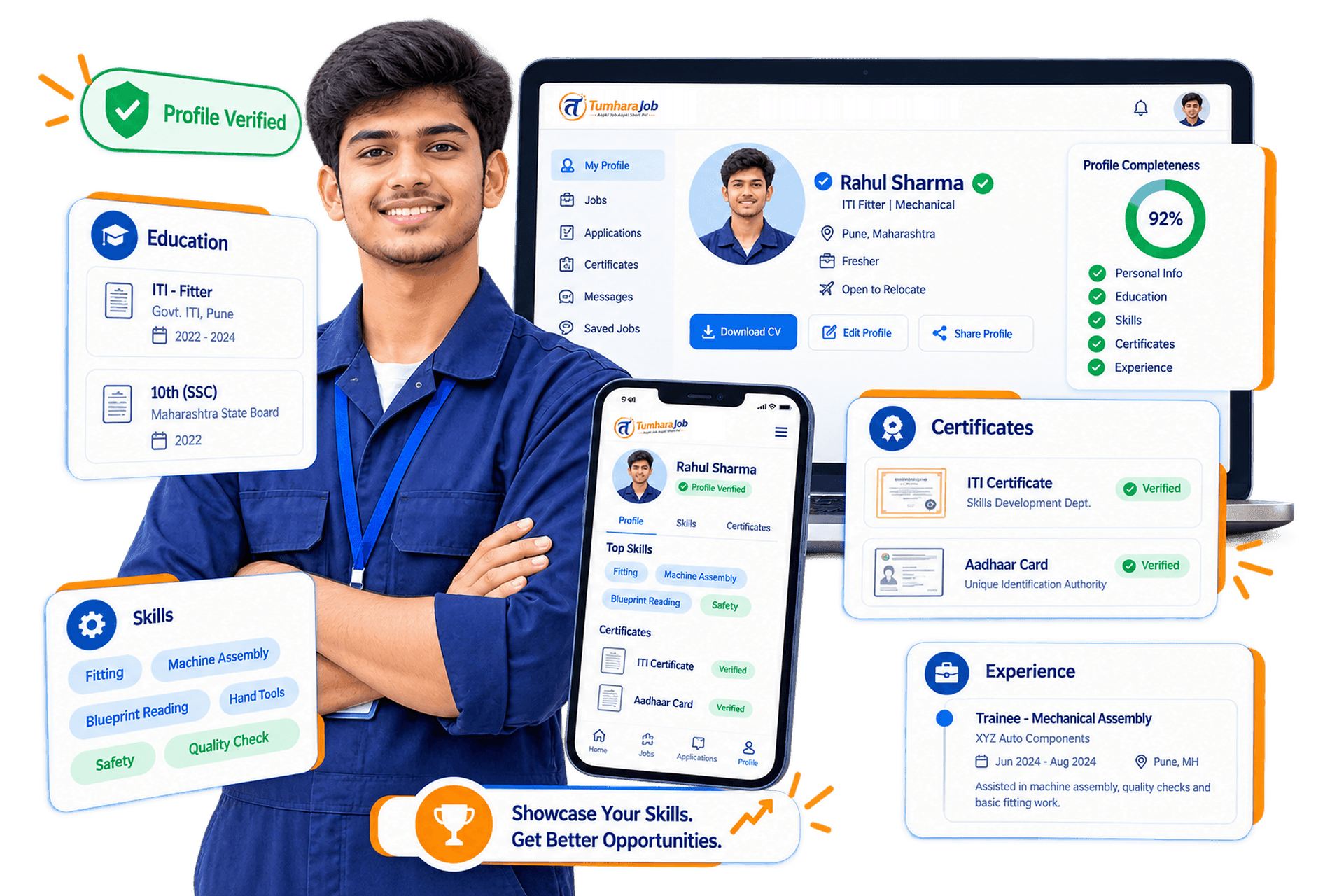 ITI candidate profile on TumharaJob showing education, skills, certificates and experience